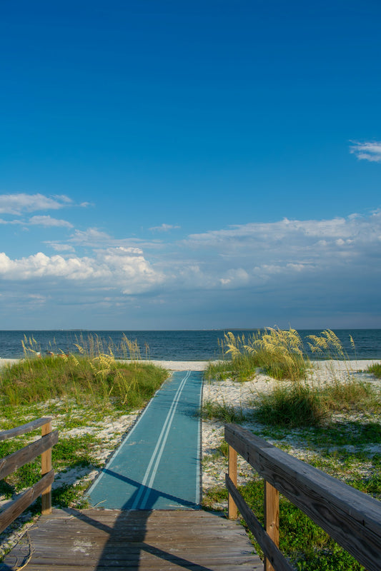 A wooden walkway leading to the beach
